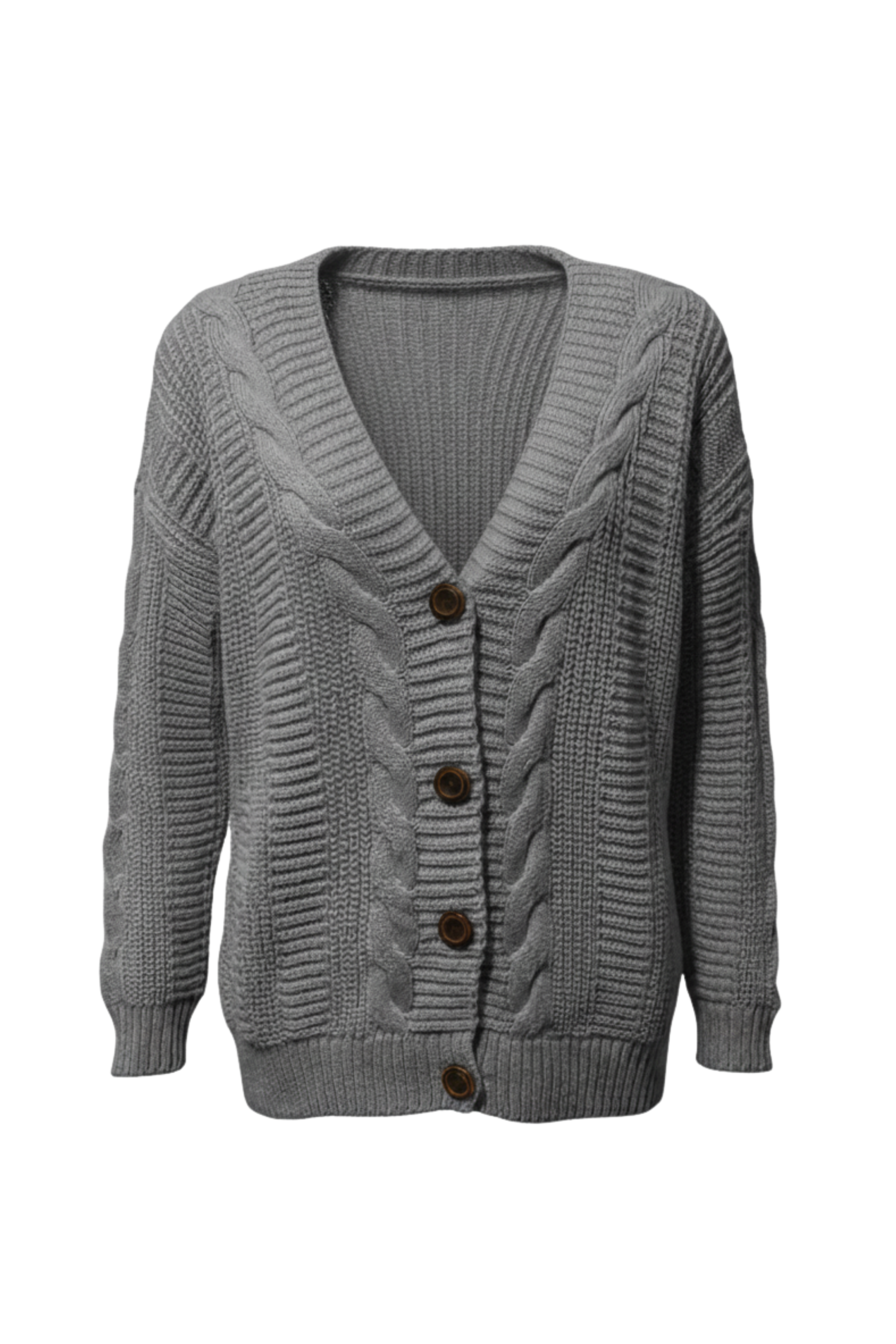 Kadın Gri Düğmeli Kısa Triko Hırka – Burgulu Örgü Desenli