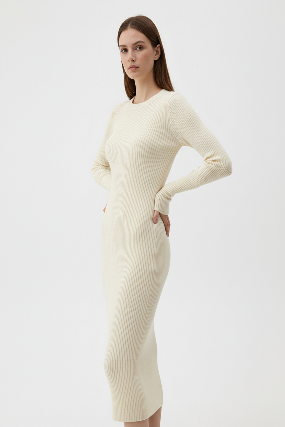 Kadın Bisiklet Yaka Uzun Elbise - Bej