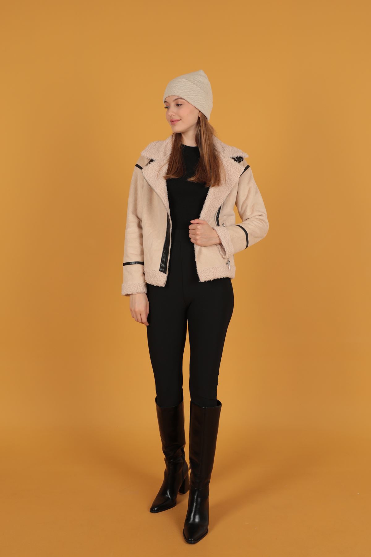 Süet Kıvırcık Kumaş Motorcu Taş Rengi Mont