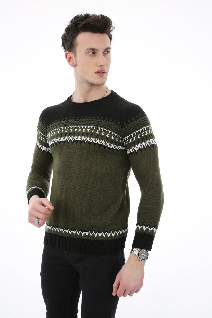 Desenli Haki Kalın Kışlık Erkek Günlük Triko Kazak