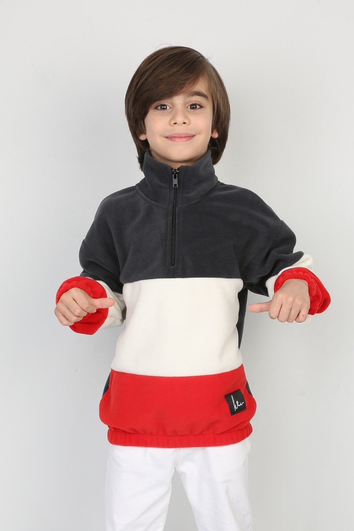 Full Polar Kumaş Yarım Fermuarlı Garnili Erkek Çocuk Günlük Sweatshirt