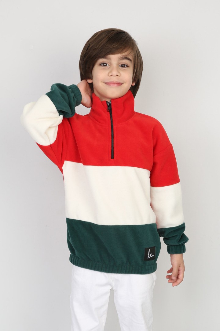 Full Polar Kumaş Yarım Fermuarlı Garnili Erkek Çocuk Günlük Sweatshirt