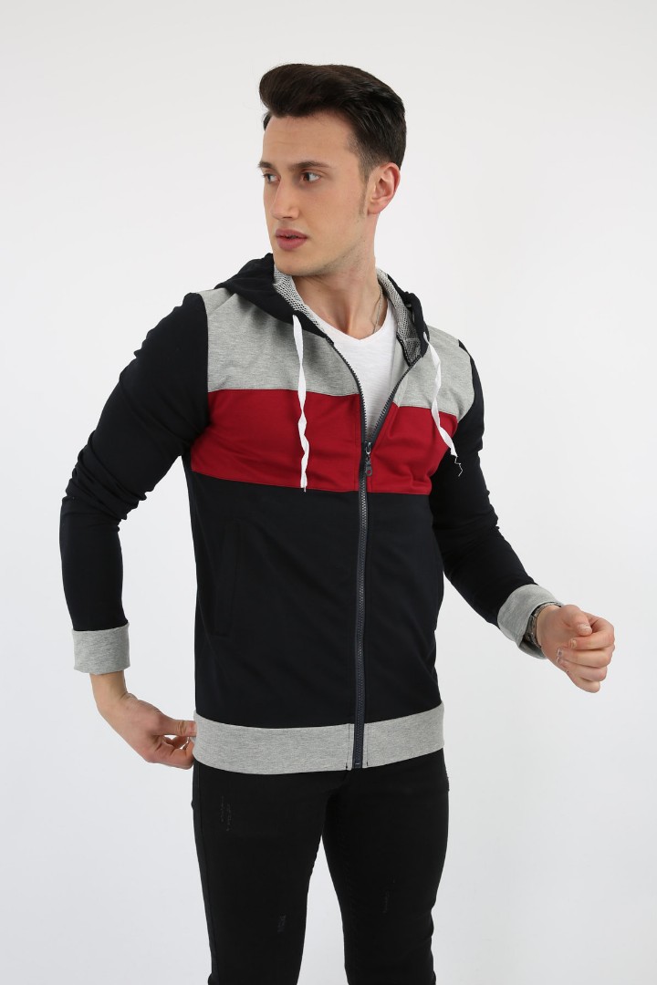 Parçalı Kapşonlu Fermuarlı Erkek Günlük Sweatshirt