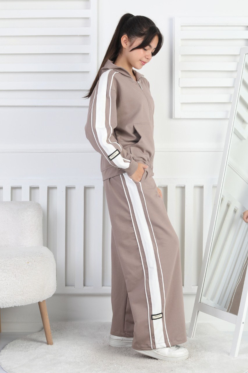 İki İplik Çizgili Kapşonlu Fermuarlı Kız Çocuk Takım