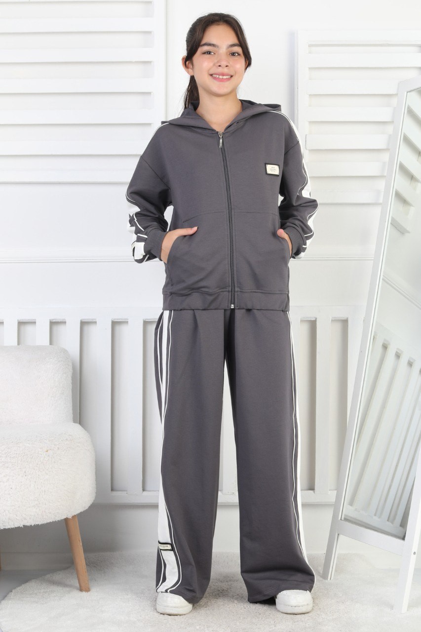 İki İplik Çizgili Kapşonlu Fermuarlı Kız Çocuk Takım