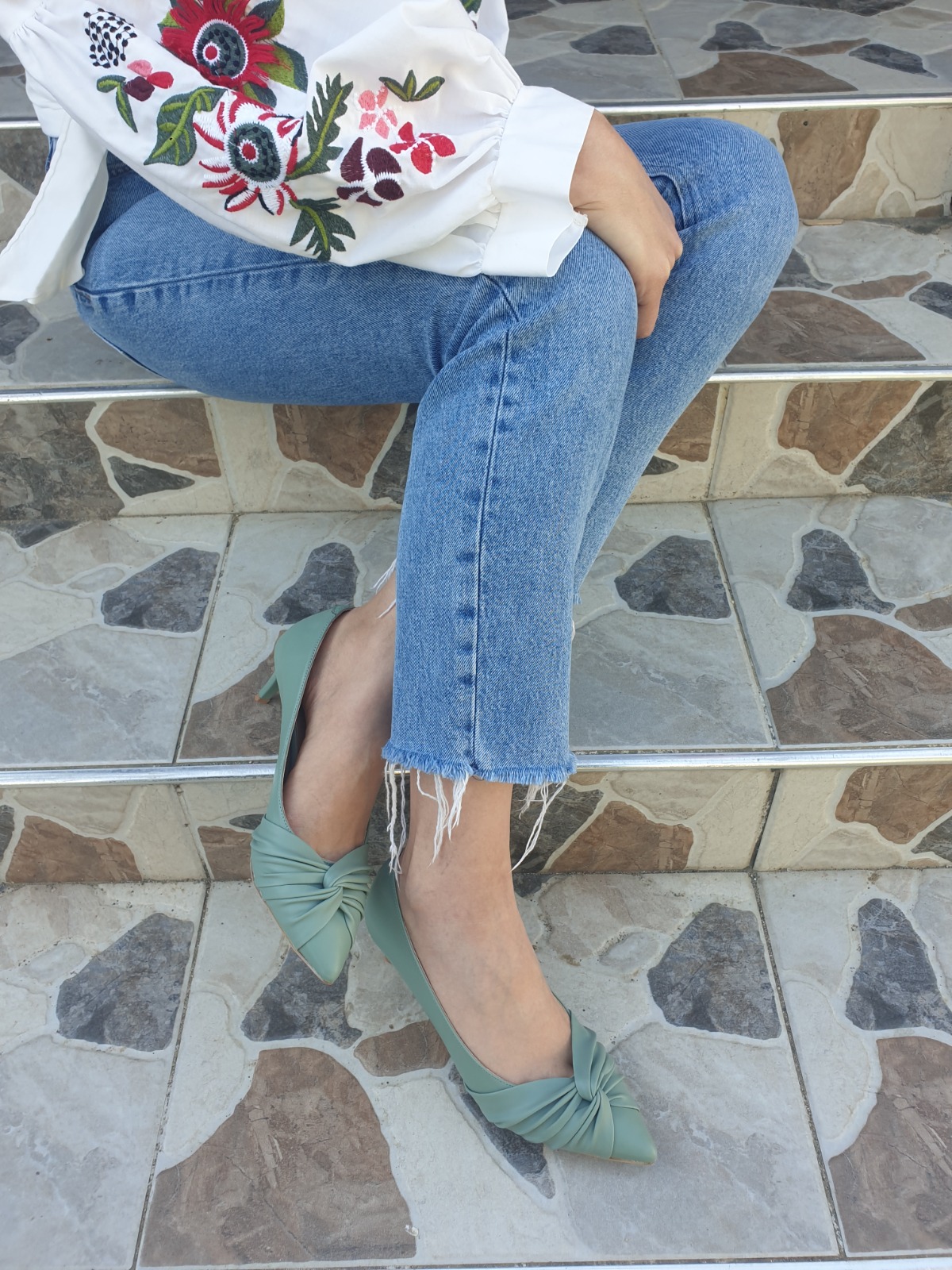 Mint Yeşili Düğüm Detaylı Kadın Stiletto - 6 cm İnce Topuklu Yumuşak Deri Günlük Ayakkabı