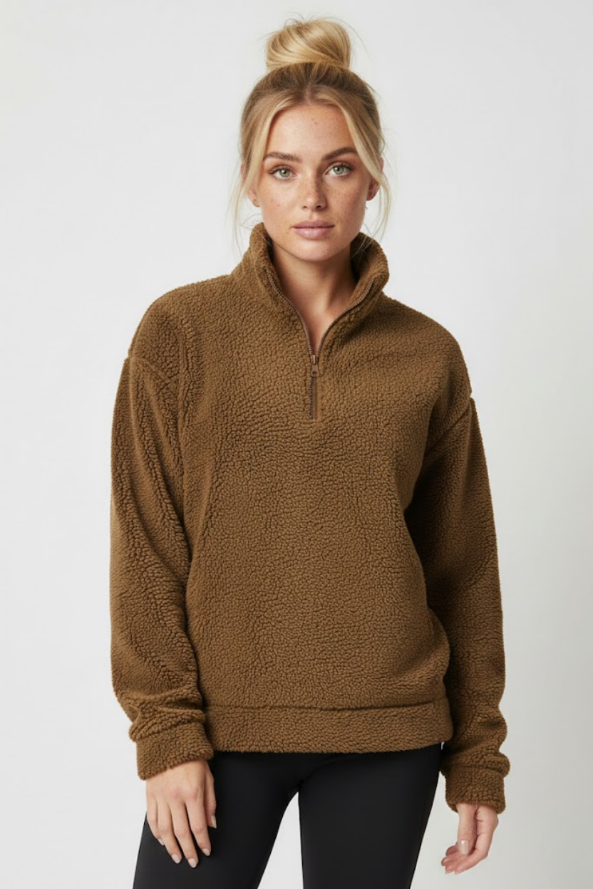 Kadın Kahverengi Yarım Fermuarlı Peluş Polar Sweatshirt - Kışlık Yumuşak Sıcak Tutan Kazak