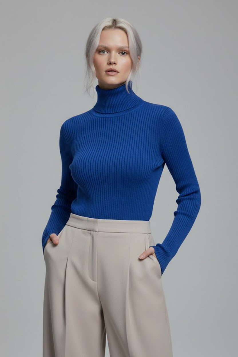 Kadın Saks Mavisi Tam Boğazlı Fitilli Triko Kazak - Canlı Renk Yumuşak Dokulu Kışlık Örme Bluz