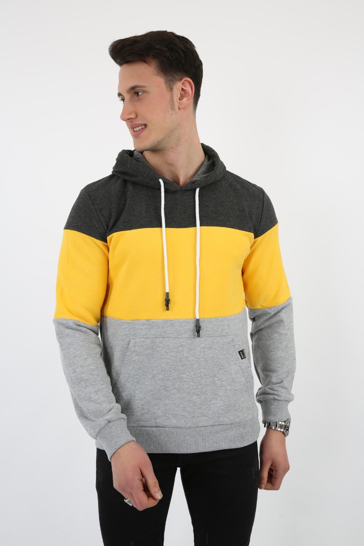 Üç Şardonlu Kapşonlu Parçalı Kanguru Cepli Erkek Günlük Sweatshirt