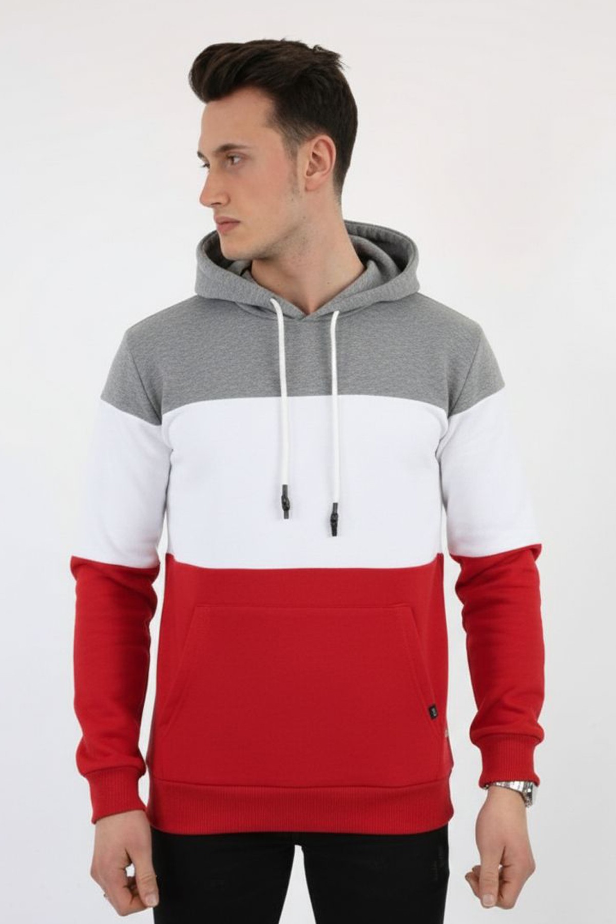 Üç Şardonlu Kapşonlu Parçalı Kanguru Cepli Erkek Günlük Sweatshirt