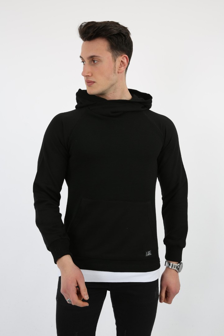 Üç İplik Şardonlu Kumaş Kapşonlu Kanguru Cepli Alttan Çıkmalı Erkek Günlük Sweatshirt