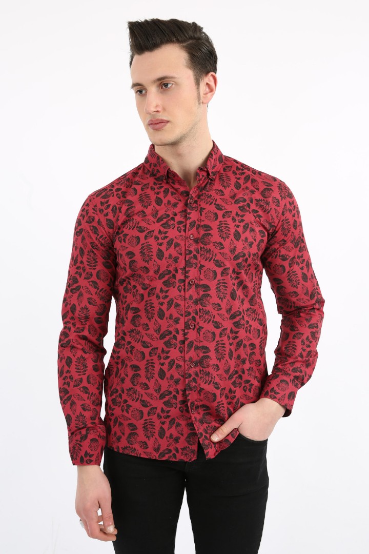 Erkek Günlük Yaprak Desenli Likralı Gömlek