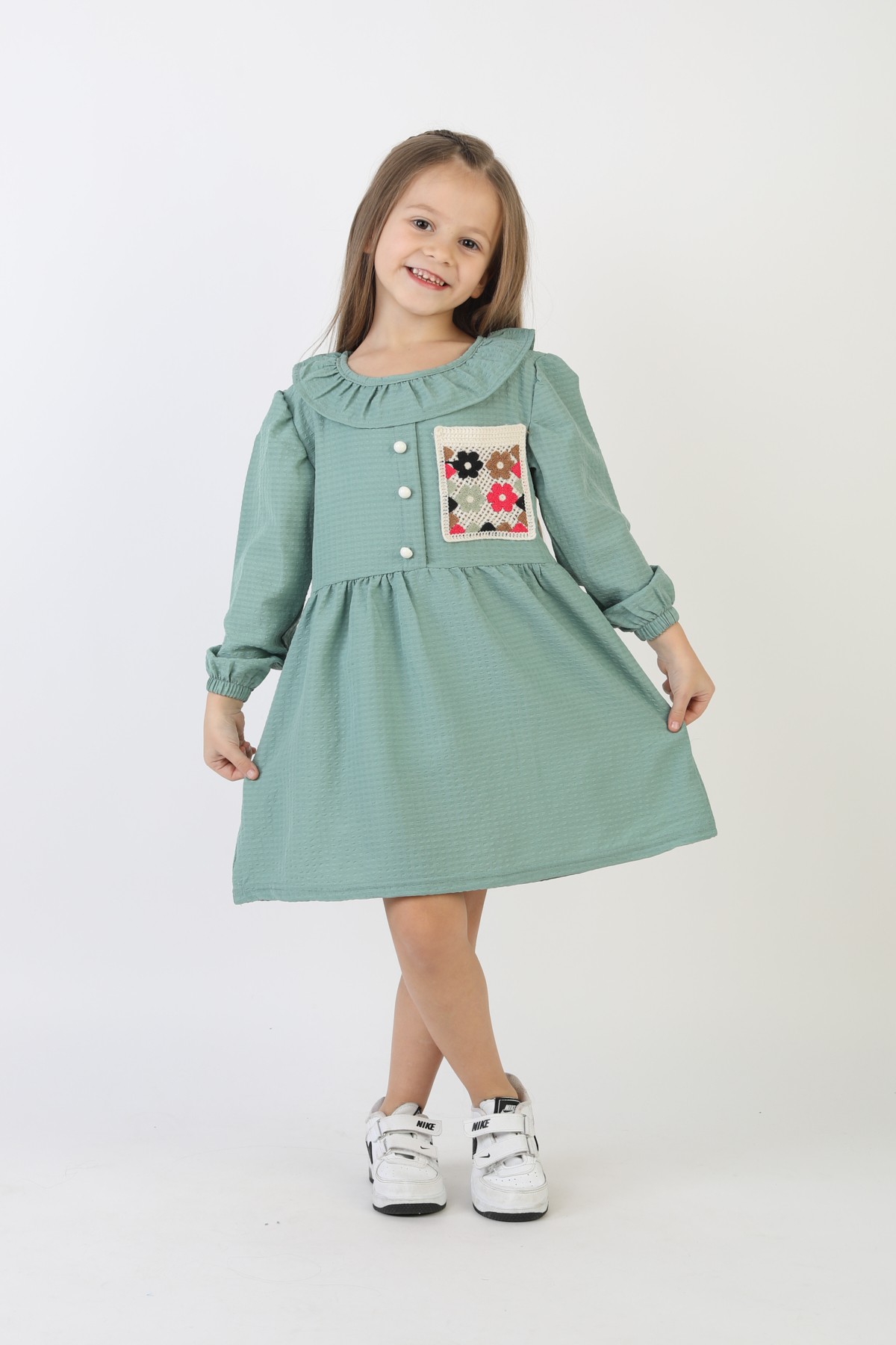 İşlemeli Gofre Kumaş Kız Çocuk Günlük Şık Rahat Ve Trend Elbise