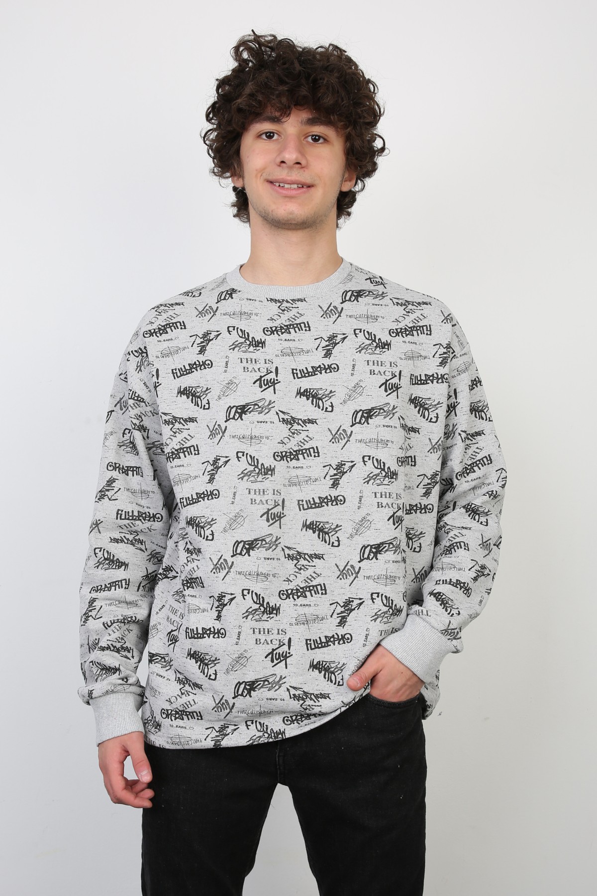 İki İplik Yazı Baskılı Oversize Erkek Günlük Sweatshirt