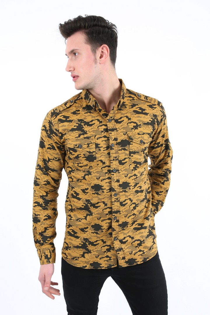 Erkek Günlük Likralı Kamuflaj Desenli Gömlek