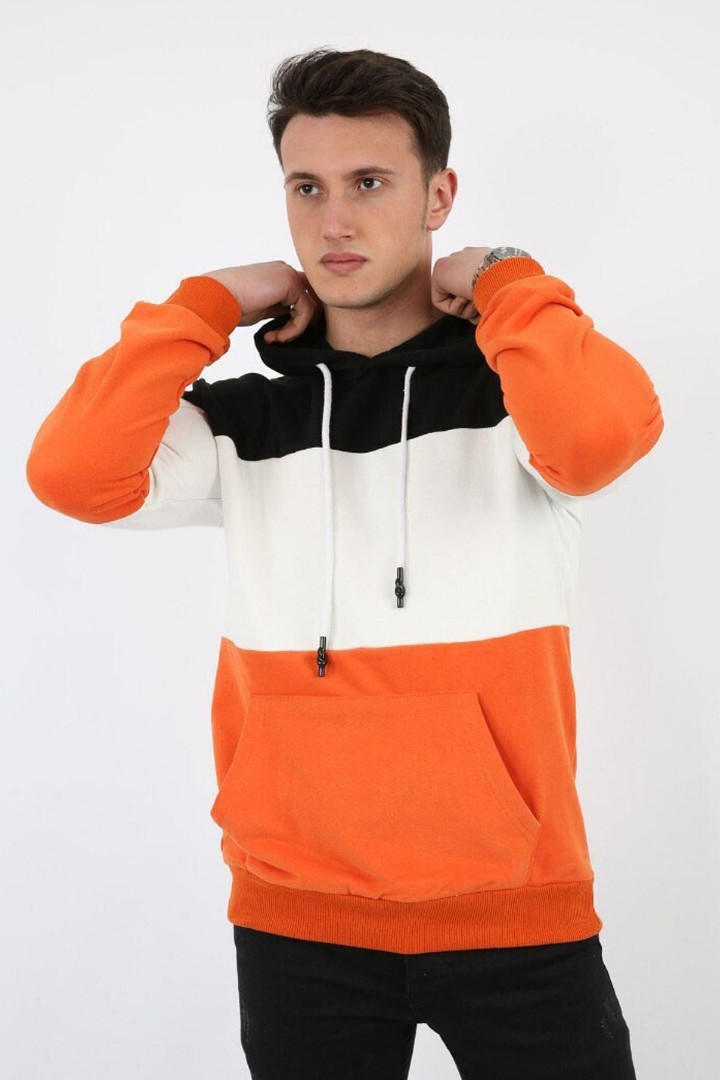 Üç Şardonlu Kapşonlu Parçalı Kanguru Cepli Erkek Günlük Sweatshirt