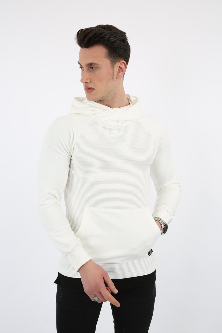 Üç İplik Şardonlu Kumaş Kapşonlu Kanguru Cepli Alttan Çıkmalı Erkek Günlük Sweatshirt