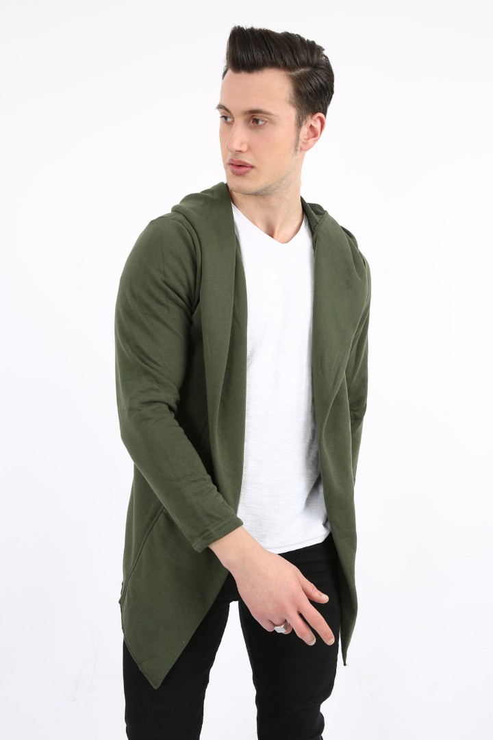 Üç İplik Şardonlu Kapşonlu Cepli Erkek Günlük Panço Hırka