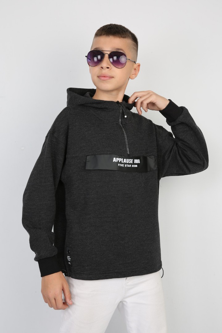 Yarım Fermuarlı Kapşonlu Baskılı Erkek Çocuk Günlük Sweatshirt