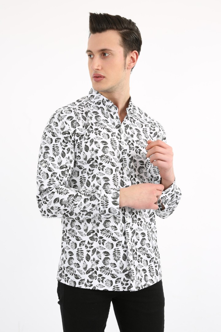 Erkek Günlük Yaprak Desenli Likralı Gömlek
