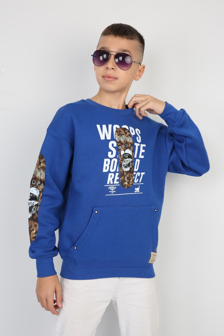 Üç İplik Şardonlu Baskılı Kanguru Cepli Erkek Çocuk Günlük Sweatshirt