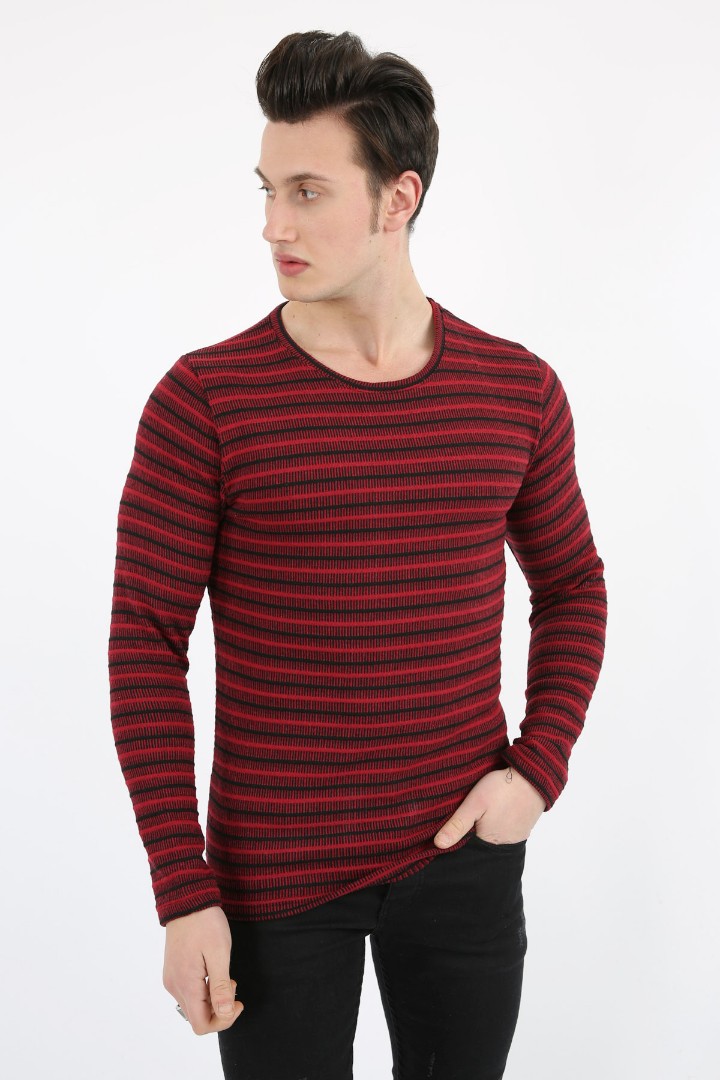 Çizgili Sıfır Yaka Erkek Günlük Sweatshirt