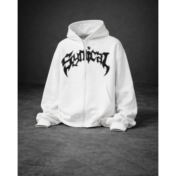 Sadical Beyaz Grafik Baskılı Fermuarlı Kapüşonlu Hoodie