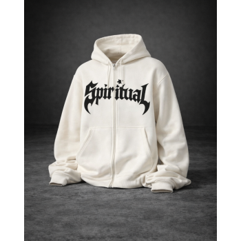 Spiritual Krem Grafik Baskılı Fermuarlı Kapüşonlu Hoodie