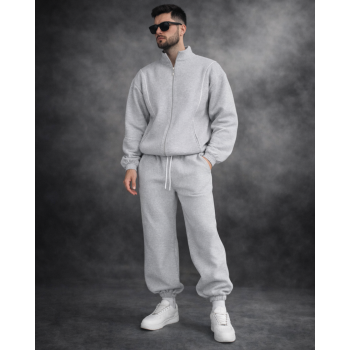 Gri Fermuarlı Dik Yaka Erkek Eşofman Takımı