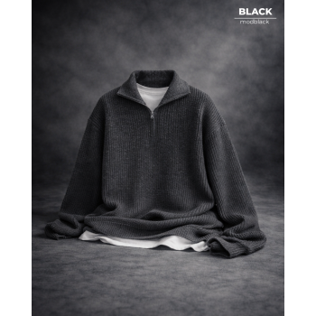 Füme Erkek Oversize Yarım Fermuarlı Triko Kazak