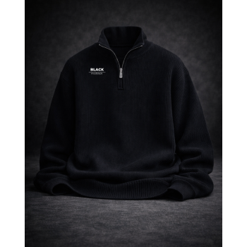 Siyah Erkek Oversize Yarım Fermuarlı Triko Kazak