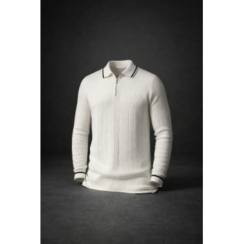 Ekru Erkek Polo Yaka Yarım Fermuarlı Triko Kazak