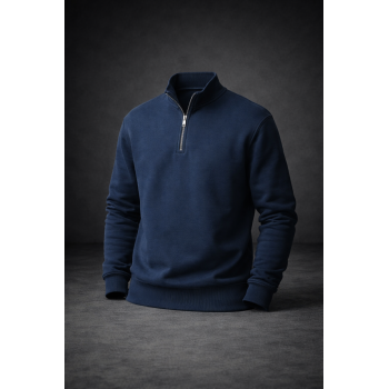 Lacivert Erkek Yarım Fermuarlı Basic Sweatshirt