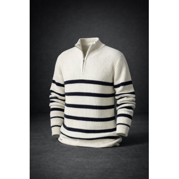 Çizgili Yarım Fermuarlı Erkek Triko Kazak