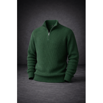 Yeşil Yarım Fermuarlı Erkek Triko Kazak