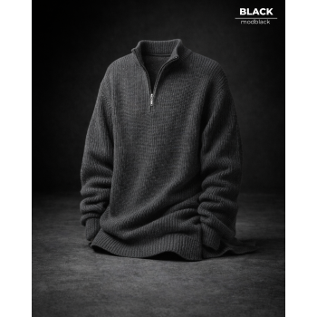 Oversize Yarım Fermuarlı Selanik Örgü Erkek Kazak - Antrasit