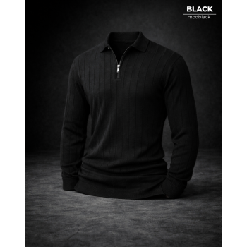 Oversize Yarım Fermuarlı Selanik Örgü Kazak - Siyah