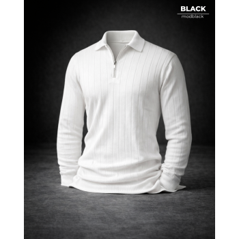 Oversize Yarım Fermuarlı Selanik Örgü Kazak - Beyaz