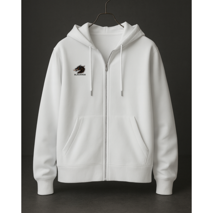 Blackmod Beyaz Fermuarlı Kapüşonlu Sweatshirt