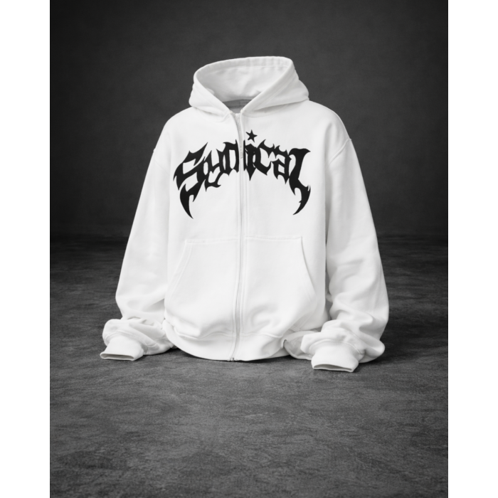 Sadical Beyaz Grafik Baskılı Fermuarlı Kapüşonlu Hoodie