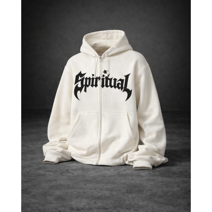 Spiritual Krem Grafik Baskılı Fermuarlı Kapüşonlu Hoodie