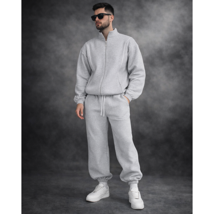 Gri Fermuarlı Dik Yaka Erkek Eşofman Takımı