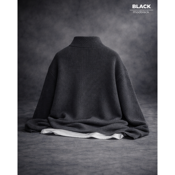 Füme Erkek Oversize Yarım Fermuarlı Triko Kazak