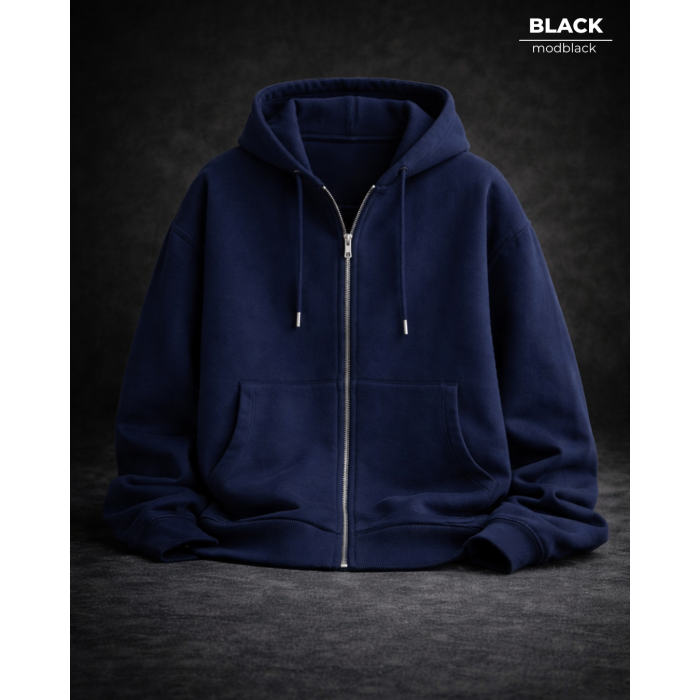 Lacivert Erkek Oversize Fermuarlı Kapüşonlu Sweatshirt