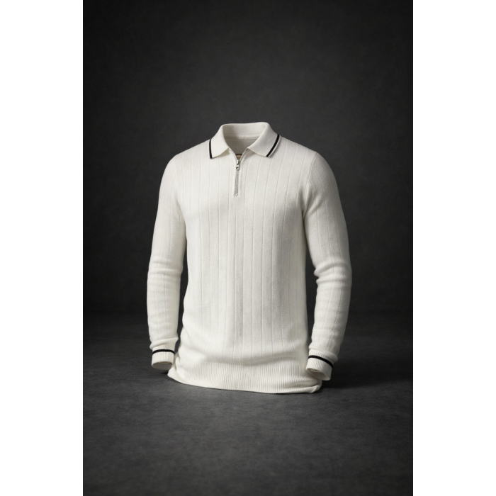 Ekru Erkek Polo Yaka Yarım Fermuarlı Triko Kazak
