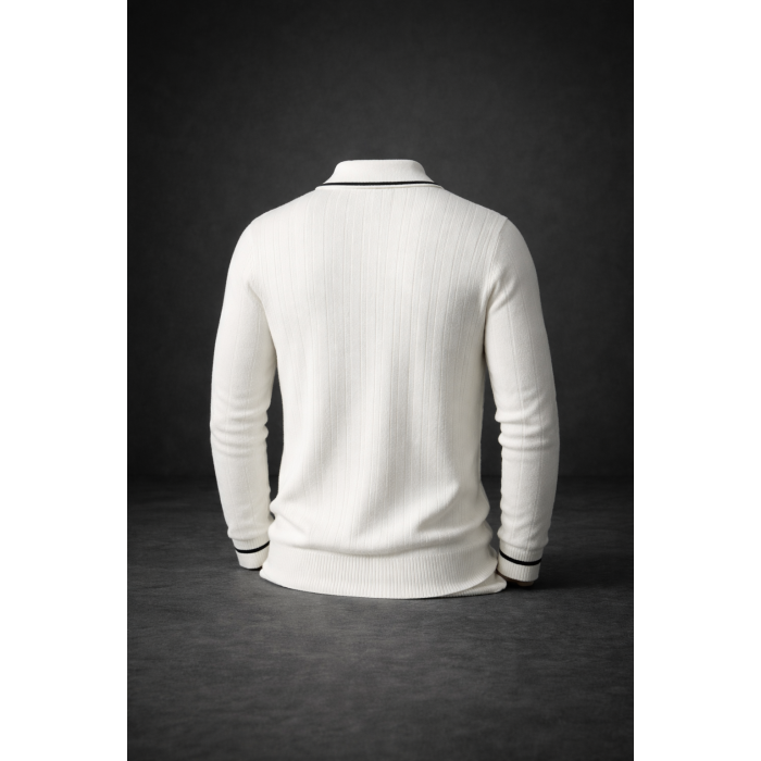 Ekru Erkek Polo Yaka Yarım Fermuarlı Triko Kazak