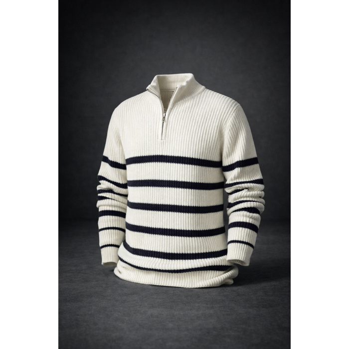 Çizgili Yarım Fermuarlı Erkek Triko Kazak