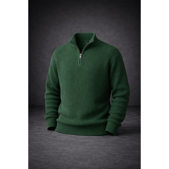 Yeşil Yarım Fermuarlı Erkek Triko Kazak