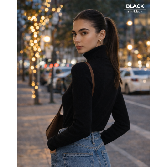 Balıkçı Yaka İnce Triko Bluz – Siyah