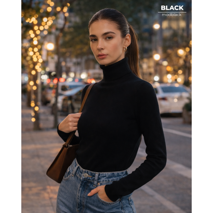 Balıkçı Yaka İnce Triko Bluz – Siyah